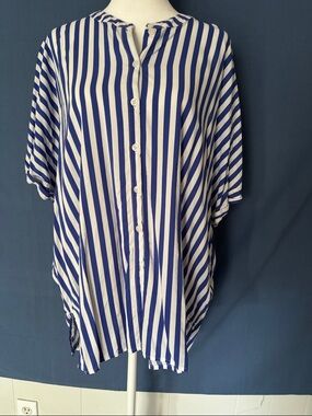 Tommy Hilfiger Blue and White Vertical Stripe Button-Down Top